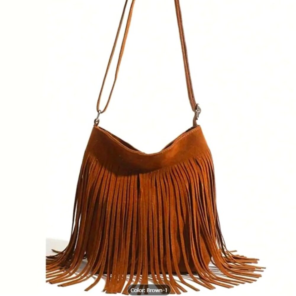 Boho Faux Suede Shoulder Bag, Crossbody with Fringe - Brown